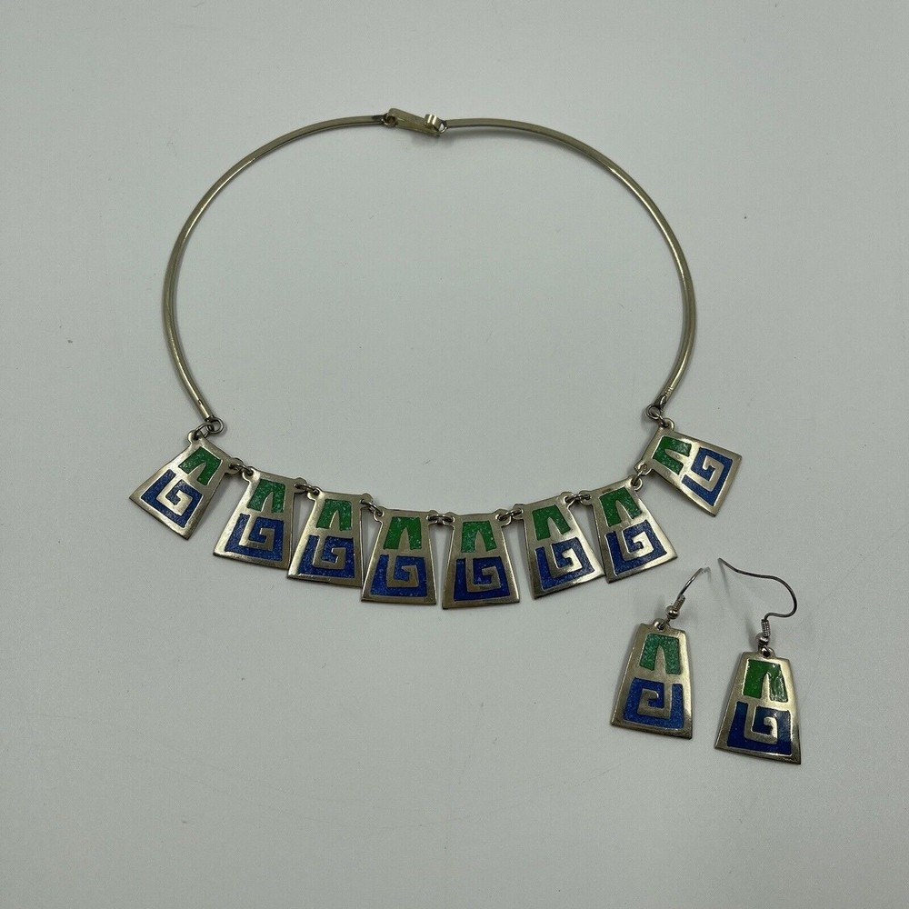 Rare Sodalite And Turquoise Alpaca Metal Necklace And Earrings Fabulous Vintage